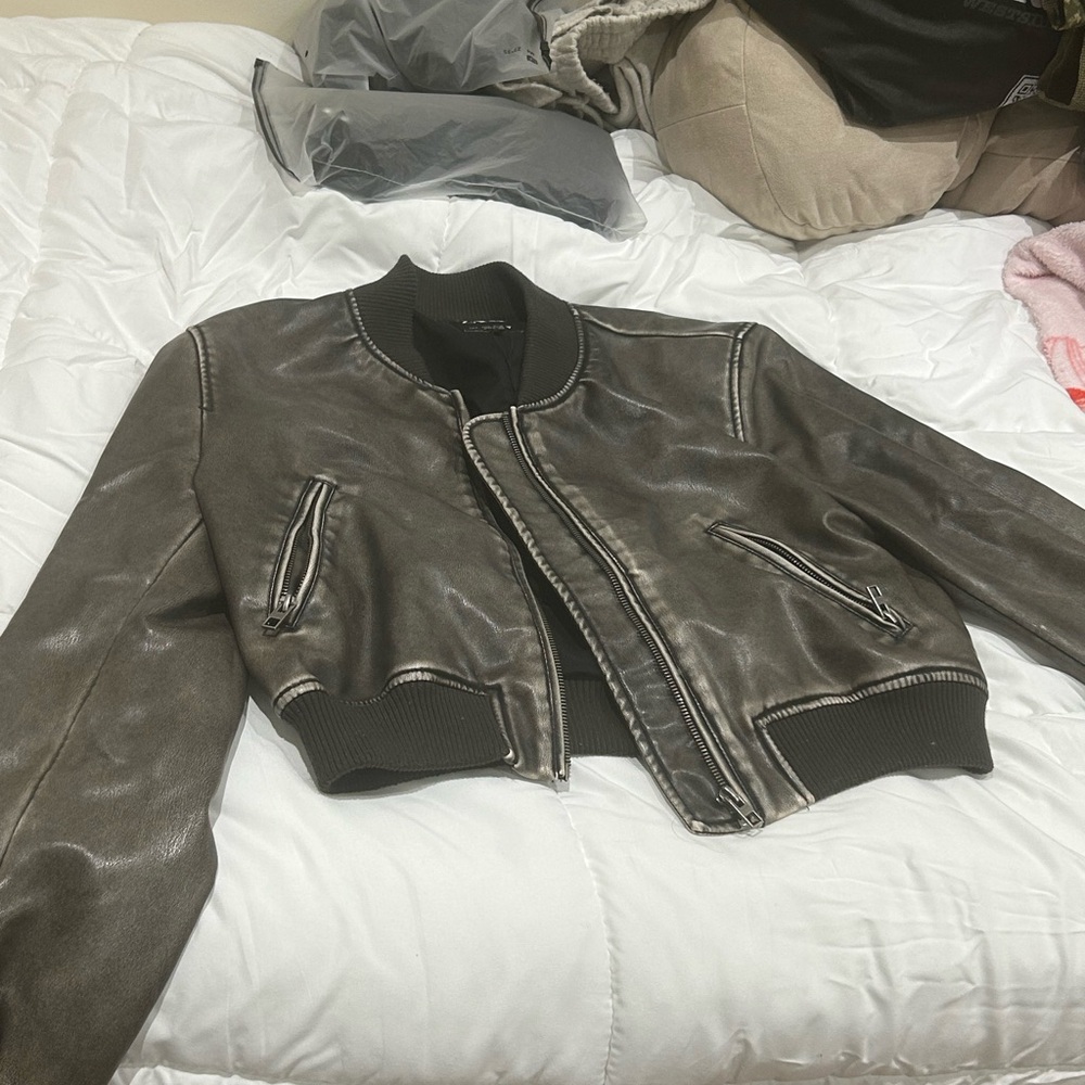Zara Metallic Brown Leather Jacket